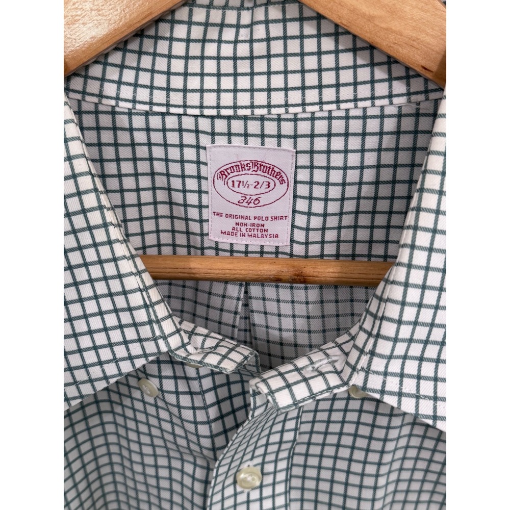 Brooks Brothers 346 Mens 17.5 2/3 Non-Iron Cotton Check Button Down Shirt Green - Picture 4 of 4